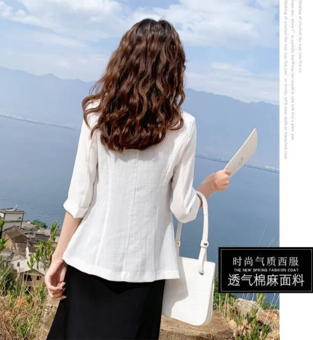 Pamut és vászon öltöny Női dzseki Tavaszi nyár elegáns és elegáns dzsekik Női rövid blézerek Fehér női blézer nőknek