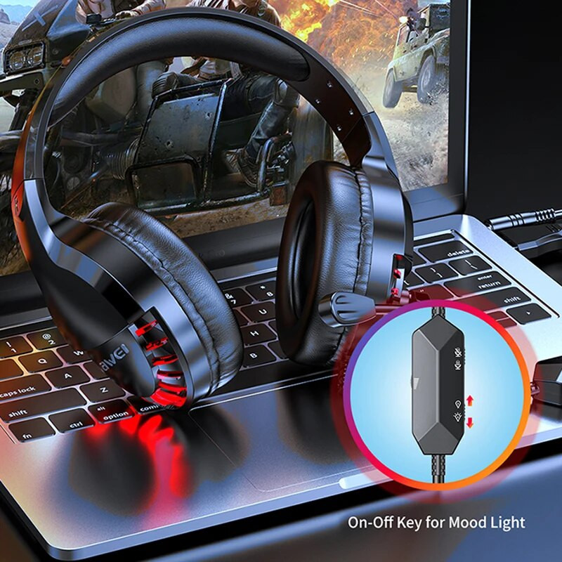 Awei ES-770I vezetékes, játékhoz használható fejhallgató 3,5 mm-es Plug Gamer laptop fejhallgató térhatású hang mikrofonnal PC számítógéphez 50 mm-es illesztőprogram-fülhallgató