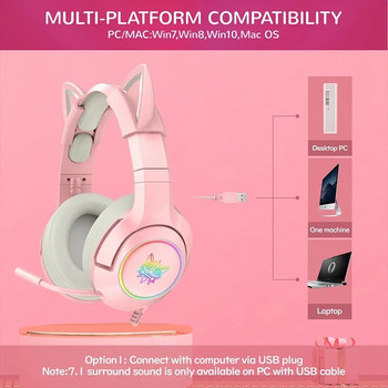 Ακουστικά 3,5 χιλιοστών Gaming Cute Pink Cat Ear με μικρόφωνο για κορίτσια Kawaii Γυναικεία Μουσική Ενσύρματο ακουστικό PS4 PS5 XBOX PC Gamer