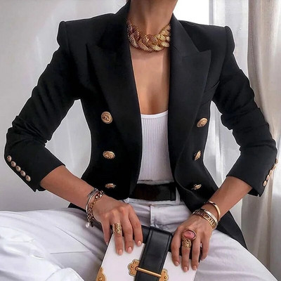 Blazer șic femeie 2023 toamnă cu mânecă lungă, rever dublu, haină solidă, jachete casual subțiri, sacouri vintage, haine de exterior pentru femei