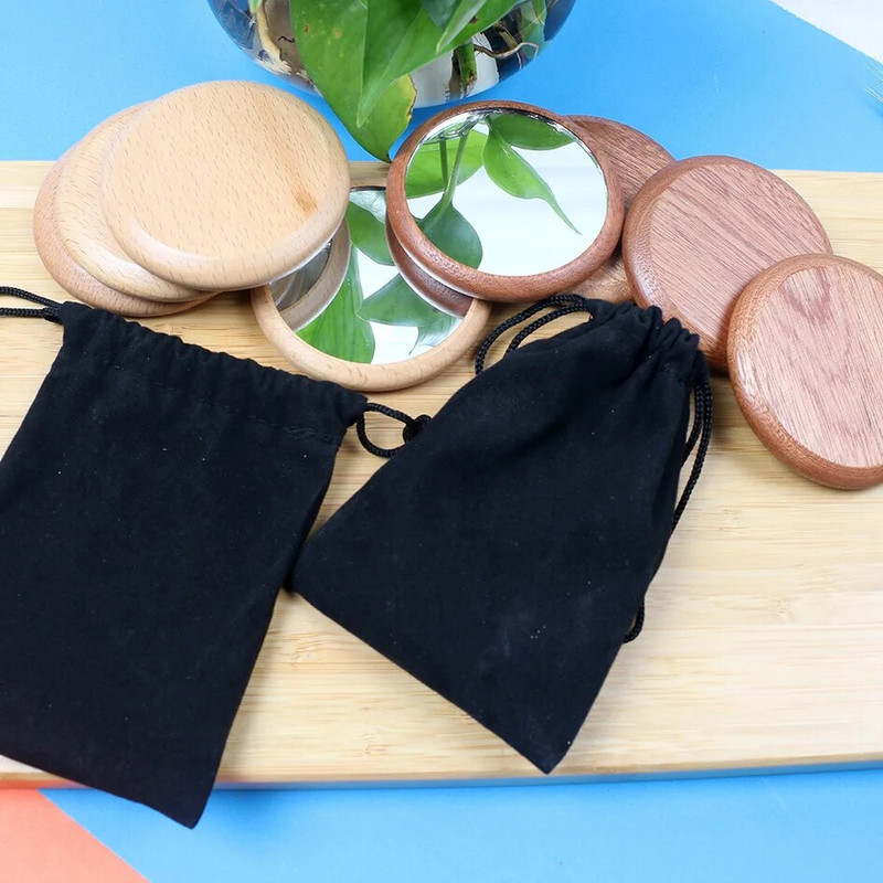 Fából készült kozmetikai tükör, hordozható kis, kerek piperetükör diák sminktükör női kozmetikai tükör utazási zseb szépségápolási eszközök