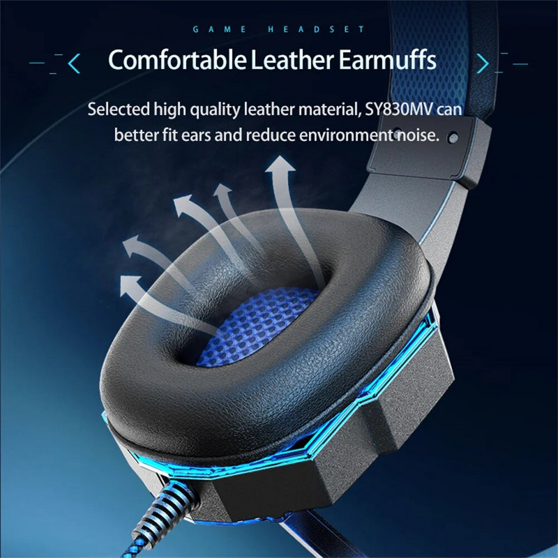 SY830MV Káblové slúchadlá s potlačením hluku, stereo slúchadlá cez uši s LED osvetlením pre mobilné telefóny, hranie hier, počítač a notebook