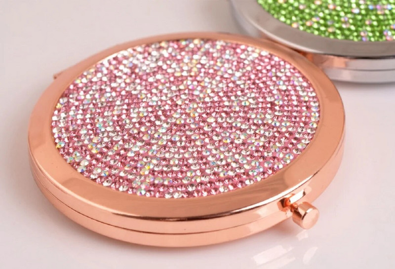 Mini vreckové zrkadlo s kamienkami, skladacie kompaktné kozmetické zrkadlá, 2x zväčšovacie zrkadlo, prenosné obojstranné kozmetické zrkadlá