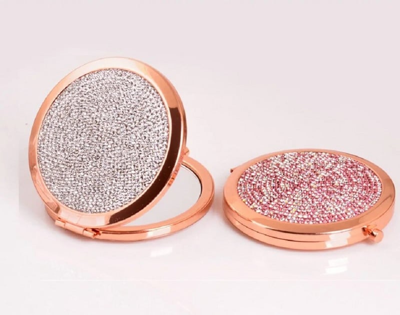 Mini vreckové zrkadlo s kamienkami, skladacie kompaktné kozmetické zrkadlá, 2x zväčšovacie zrkadlo, prenosné obojstranné kozmetické zrkadlá