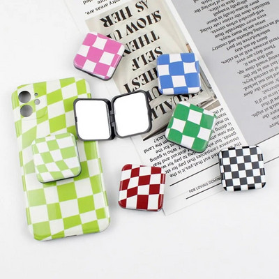 Retro Plaid Mirror Chessboard Phone Stand Holder Classical Portable Square Compact Mirror INS Pocket Cosmetics Tool