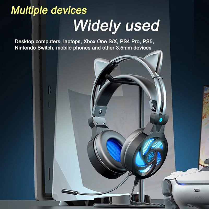Slúchadlá do uší PS5 s mačacími ušami a RGB LED svetlom, flexibilný mikrofón, herné slúchadlá s 3,5 mm 3D priestorovým zvukom, počítačové slúchadlá pre hráčov na PC