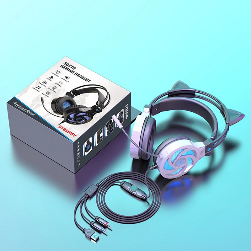 Slúchadlá do uší PS5 s mačacími ušami a RGB LED svetlom, flexibilný mikrofón, herné slúchadlá s 3,5 mm 3D priestorovým zvukom, počítačové slúchadlá pre hráčov na PC