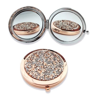 Crystal Diamond Oglindă de machiaj cu două fețe Oglindă circulară portabilă de buzunar mini auriu argintiu Oglinzi mici cosmetice Oglindă de cosmetică