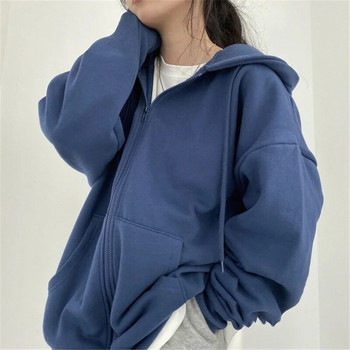 Κορεάτικο στυλ Γυναικείες κουκούλες Harajuku Casual Loose Zip Up Μπουφάν με κουκούλα μακρυμάνικο Fleece Μπλούζα μεγάλου μεγέθους Παλτό Streetwear