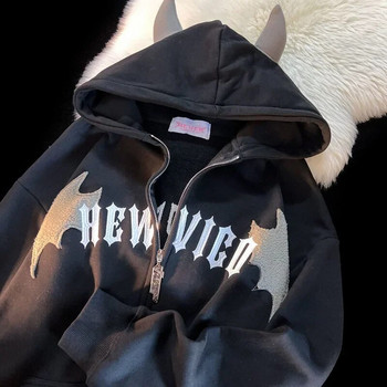 American Retro Little Devil Horn Hoodies Y2k Γυναικεία γράμματα Κέντημα Φούτερ με κουκούλα με φερμουάρ Harajuku Casual Loose Jacket Coats