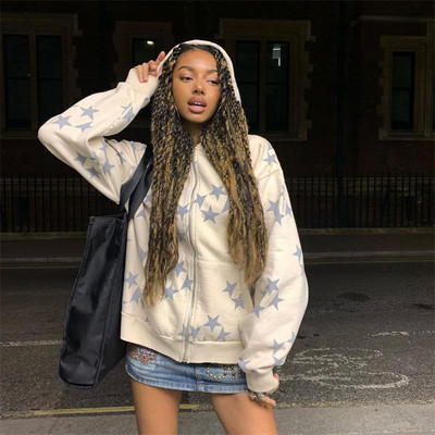 Hanorac cu mânecă lungă, cu mânecă lungă, tipărire, cu buzunare, imprimeu Harajuku, cu fermoar