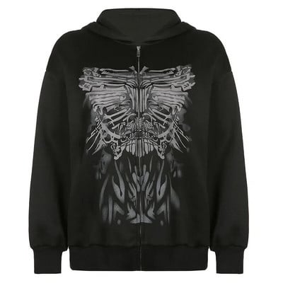 Y2K Gothic Butterfly Print Oversize Zip Up Hanorac 2023 Iarna Nou Grunge Hanorac cu mânecă lungă Jachetă casual cu glugă Streetwear