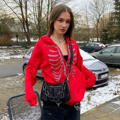 Y2K Gothic Butterfly Print Oversize Zip Up Hanorac 2023 Iarna Nou Grunge Hanorac cu mânecă lungă Jachetă casual cu glugă Streetwear