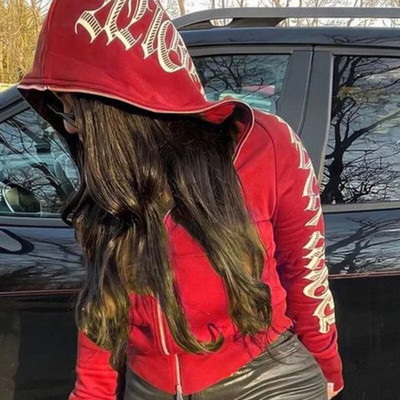 Y2K Gothic Butterfly Print Oversize Zip Up Hanorac 2023 Iarna Nou Grunge Hanorac cu mânecă lungă Jachetă casual cu glugă Streetwear
