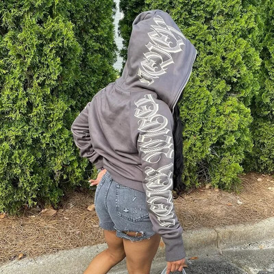 Y2K Gothic Butterfly Print Oversize Zip Up Hanorac 2023 Iarna Nou Grunge Hanorac cu mânecă lungă Jachetă casual cu glugă Streetwear