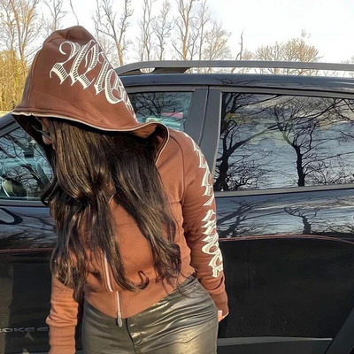 Y2K Gothic Butterfly Print Oversize Zip Up Hanorac 2023 Iarna Nou Grunge Hanorac cu mânecă lungă Jachetă casual cu glugă Streetwear