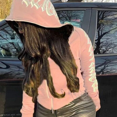 Y2K Gothic Butterfly Print Oversize Zip Up Hanorac 2023 Iarna Nou Grunge Hanorac cu mânecă lungă Jachetă casual cu glugă Streetwear