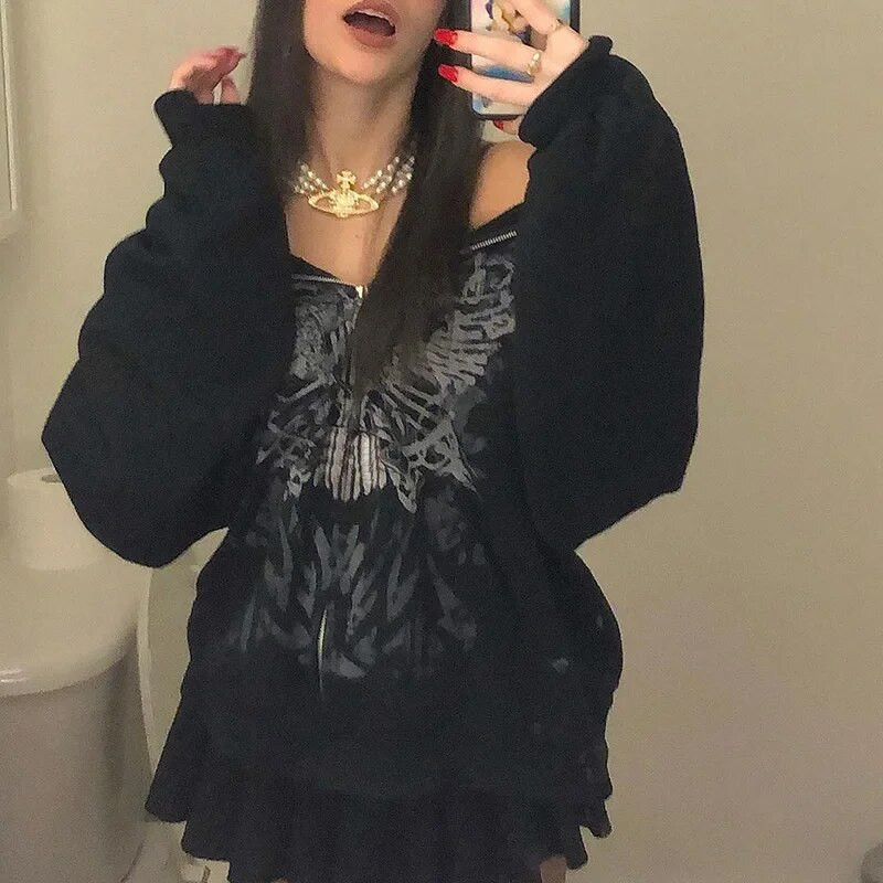 Y2K gotická motýlia potlač nadrozmerné mikiny na zips 2023 zimná nová grunge mikina s dlhým rukávom ležérna bunda s kapucňou streetwear