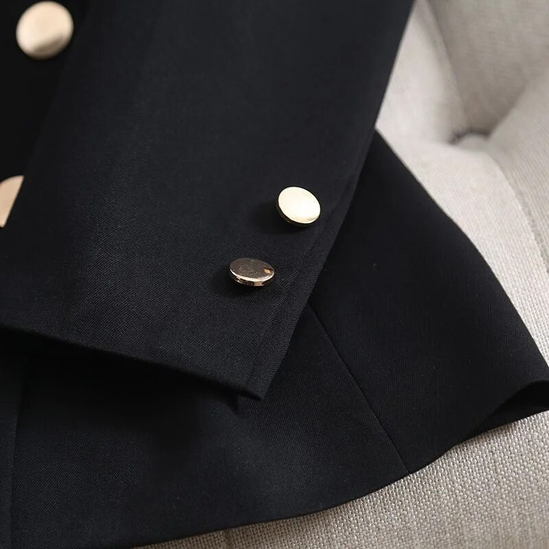 Dámske čierne sako s dvojitým zapínaním, dámske nové temperamentné sako s pásom, zabalené v kvalitnom tenkom jednofarebnom štýle