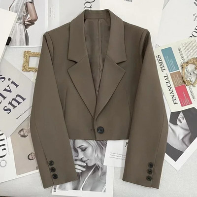 Blazer decupat la modă coreeană, jachetă pentru femei, cu mânecă lungă, pentru birou, pentru femei, haine de stradă, culoare solidă, cu un singur buton, haină pentru costum scurt, nou