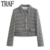 TRAF 2023 Blazer decupat cu picior de gală pentru femeie Jachetă scurtă din tweed pentru femei, la birou, elegantă, pentru femei, jachetă cu mânecă lungă de toamnă