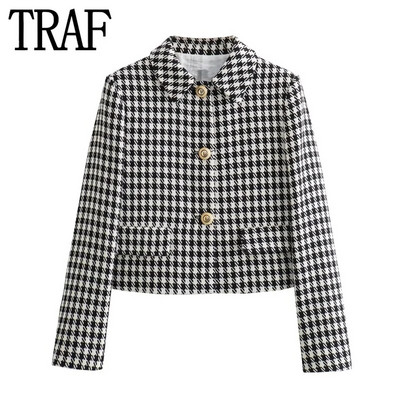 TRAF 2023 Houndstooth Cropped blézer női rövid tweed dzseki női irodai elegáns női blézer hosszú ujjú őszi kabát