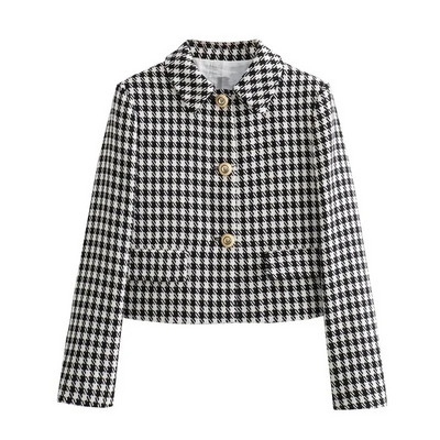 TRAF 2023 Blazer decupat cu picior de gală pentru femeie Jachetă scurtă din tweed pentru femei, la birou, elegantă, pentru femei, jachetă cu mânecă lungă de toamnă