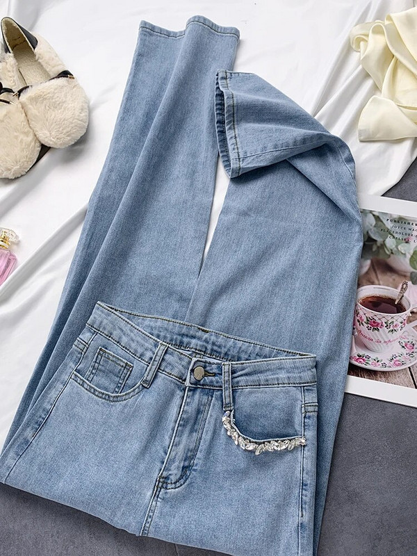 Jarné jesenné voľné zoštíhľujúce rovné džínsy s vysokým pásom, široké nohavice, dámske džínsy v tvare srdca s diamantmi