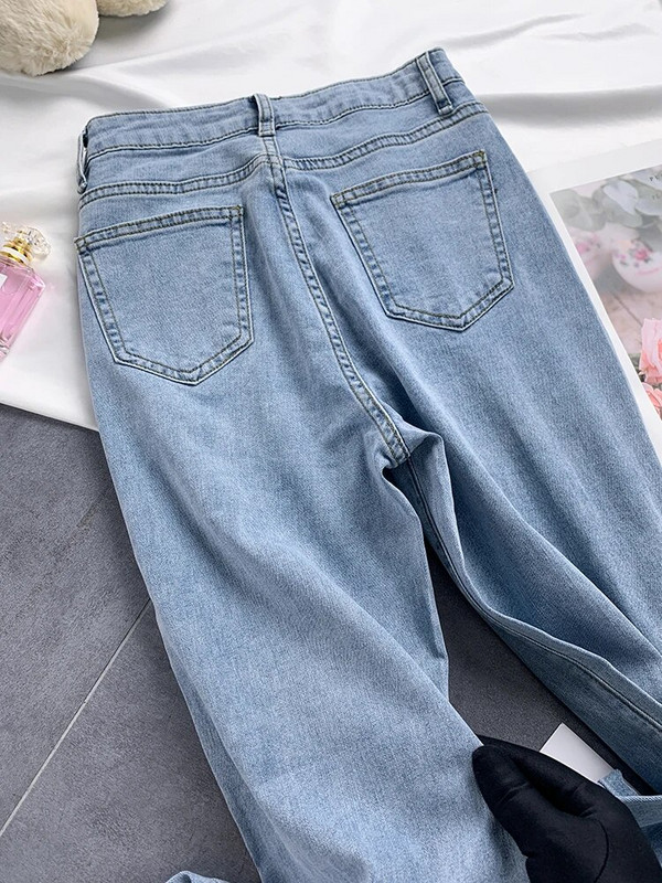 Jarné jesenné voľné zoštíhľujúce rovné džínsy s vysokým pásom, široké nohavice, dámske džínsy v tvare srdca s diamantmi