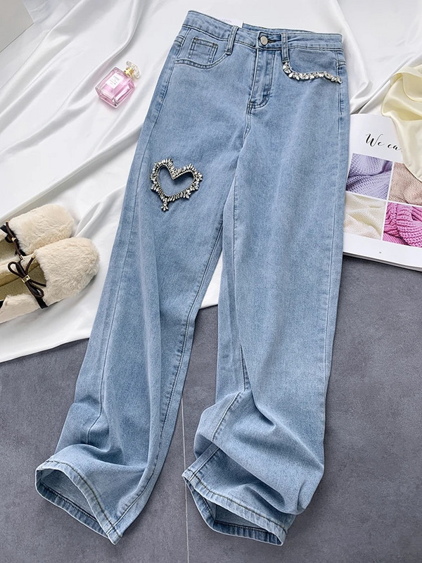 Jarné jesenné voľné zoštíhľujúce rovné džínsy s vysokým pásom, široké nohavice, dámske džínsy v tvare srdca s diamantmi