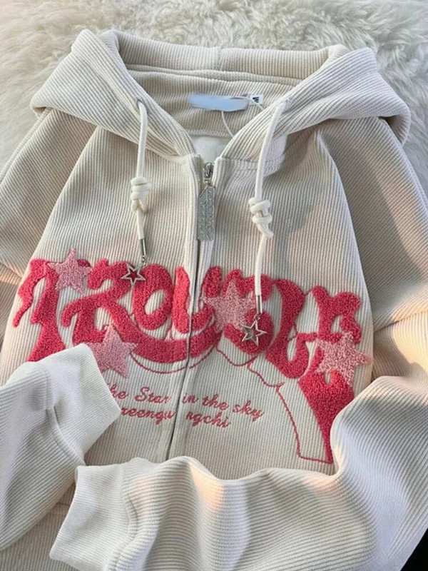 Hanorace cu broderie cu litere Y2k American Vintage, cuplu cu lână, jachete îngroșate, cu fermoar, haină gotică Kawaii, îmbrăcăminte de iarnă