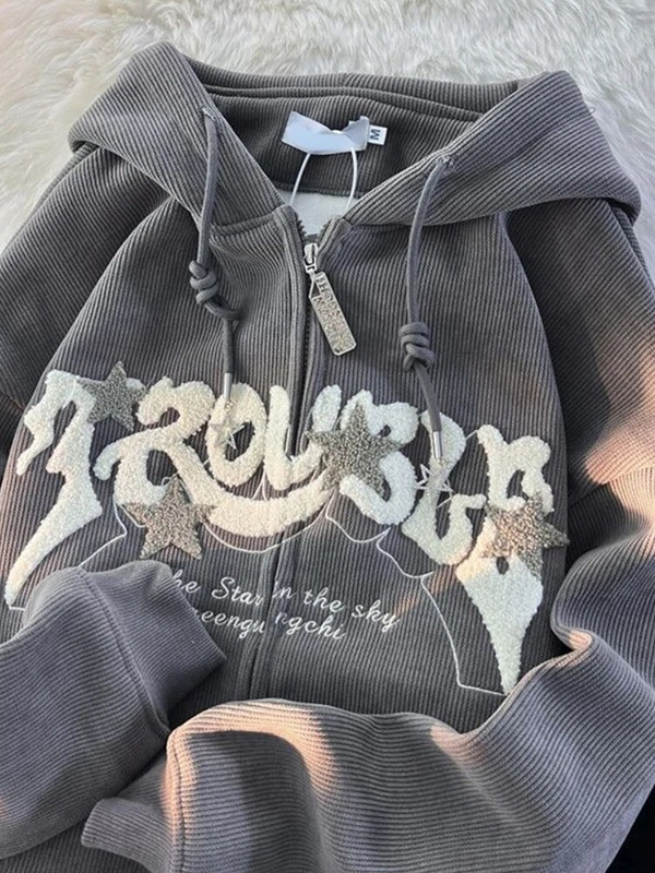 Hanorace cu broderie cu litere Y2k American Vintage, cuplu cu lână, jachete îngroșate, cu fermoar, haină gotică Kawaii, îmbrăcăminte de iarnă