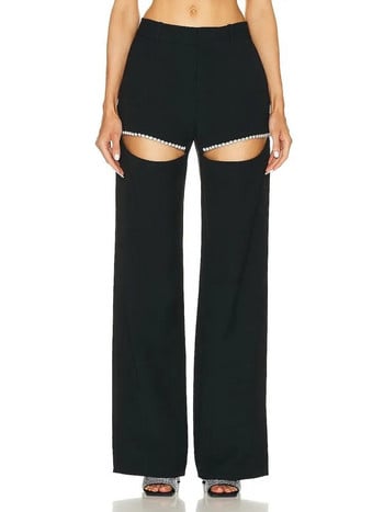 VGH Hollow Out Straigth Παντελόνι για Γυναικεία High Wasit Patchwork Diamonds Casual Loose Wide Leg Pants Γυναικεία καλοκαιρινά ρούχα Νέο