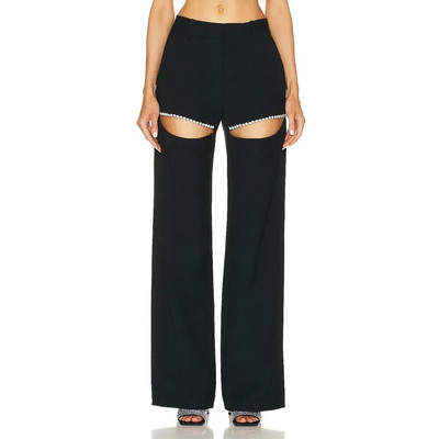 VGH Pantaloni drepți scobiți pentru femei, cu talie înaltă, patchwork, diamante, ocazional, pantaloni largi, cu picioare largi, îmbrăcăminte de vară pentru femei, nou