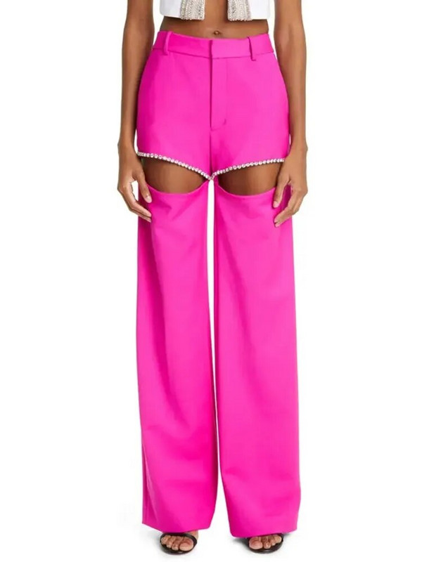 VGH Pantaloni drepți scobiți pentru femei, cu talie înaltă, patchwork, diamante, ocazional, pantaloni largi, cu picioare largi, îmbrăcăminte de vară pentru femei, nou