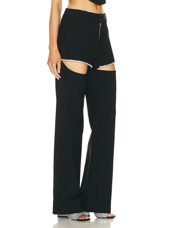 VGH Pantaloni drepți scobiți pentru femei, cu talie înaltă, patchwork, diamante, ocazional, pantaloni largi, cu picioare largi, îmbrăcăminte de vară pentru femei, nou