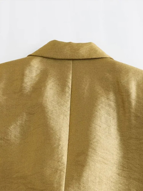 Willshela Moda Femei Cu buzunare Blazer auriu la un singur piept Vintage Gât crestat Maneci lungi Femei Chic Tinute Dama