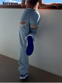Eotvotee Dámske džínsy s vysokým pásom 2023, široké nohavice, roztrhané džínsy s vysokým pásom, kórejská móda, streetwear, ležérne rovné baggy džínsy