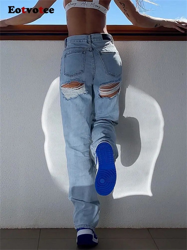 Eotvotee Dámske džínsy s vysokým pásom 2023, široké nohavice, roztrhané džínsy s vysokým pásom, kórejská móda, streetwear, ležérne rovné baggy džínsy