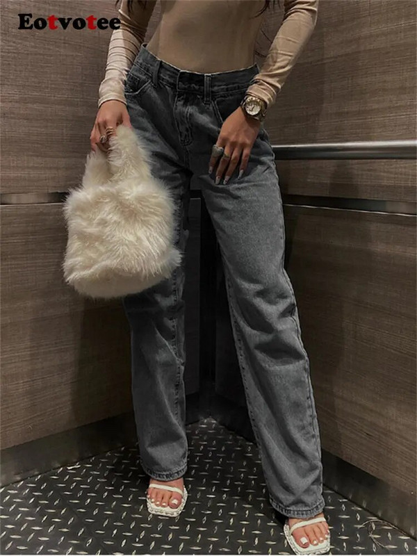 Eotvotee Dámske džínsy s vysokým pásom 2023, široké nohavice, roztrhané džínsy s vysokým pásom, kórejská móda, streetwear, ležérne rovné baggy džínsy