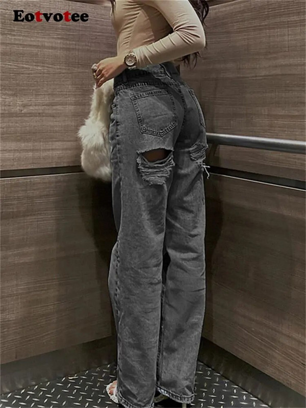 Eotvotee Dámske džínsy s vysokým pásom 2023, široké nohavice, roztrhané džínsy s vysokým pásom, kórejská móda, streetwear, ležérne rovné baggy džínsy