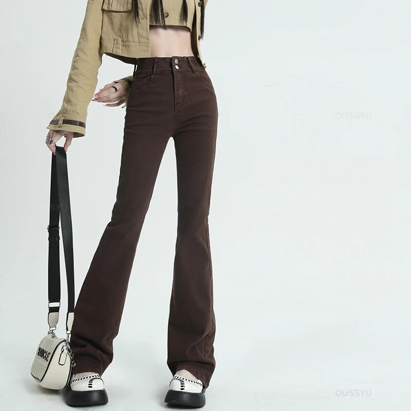 Dámske džínsy, bavlnené denimové rozšírené nohavice, elastické, vintage, streetwear, vysoký pás, štíhle, mamičky, Harajuku nohavice, plus dĺžka