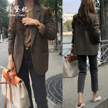 Пролет Есен Лято Кариран сако Дамско яке 2023 Нов корейски стил Тънък дълъг ръкав Ежедневен моден бизнес костюм Палта Жена