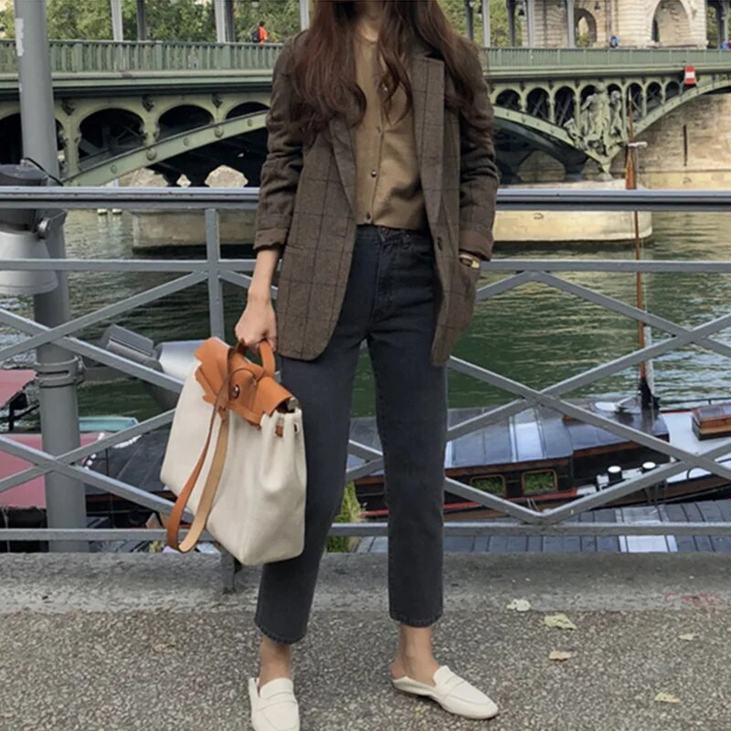 Blazer în carouri de primăvară, toamnă, vară, jachetă pentru femei, 2023, nou stil coreean, subțire, cu mânecă lungă, ocazional, la modă, pentru costum de afaceri, haine pentru femei