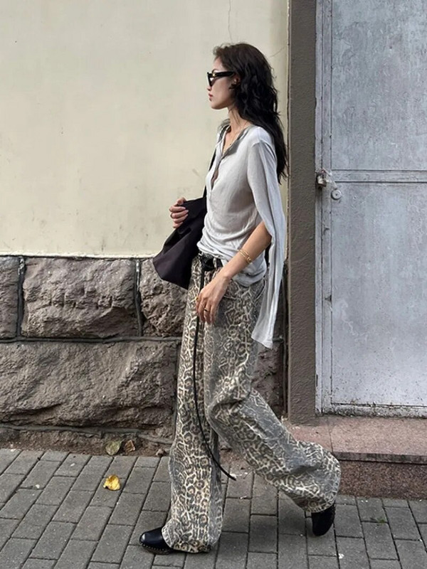 Americké prané leopardové džínsy so širokými nohavicami pre ženy, retro pouličné, zúfalé, nový štýl Harajuku, hottie baggy, ležérne nohavice Y2K