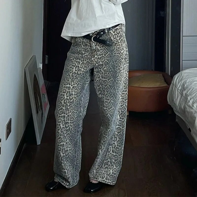 Americké prané leopardové džínsy so širokými nohavicami pre ženy, retro pouličné, zúfalé, nový štýl Harajuku, hottie baggy, ležérne nohavice Y2K