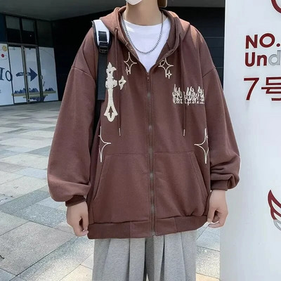 2023, noul stil coreean, Harajuku, cu imprimeu retro, pulover cu glugă Y2k, bărbați, femei, largi, stil Bf, cuplu, pulover cu mâneci lungi.