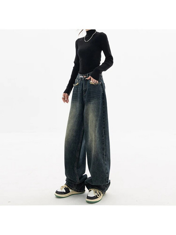 Moda coreeană Pantaloni de blugi pentru femei cu talie înaltă, drepte, stil de stradă, pantaloni de blugi vintage Y2K, pantaloni largi pentru femei, denim