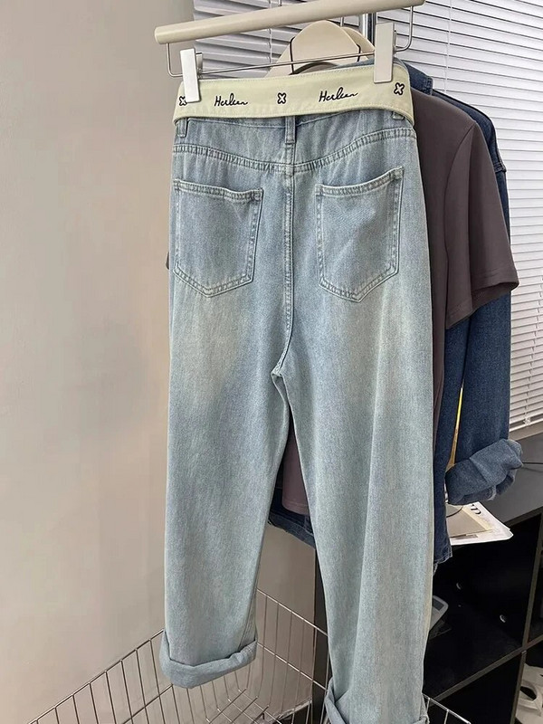 Blugi cu litere de stradă femei Harajuku largi, albaștri, pantaloni de denim pentru femei, primăvară vară, talie înaltă, drepte, pantaloni de damă 2023