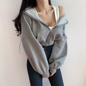 Hanorace scurte pentru femei, culoare solidă, hanorac pentru damă, trening, cu mânecă lungă, crop top pentru femei, haine coreene de modă Harajuku